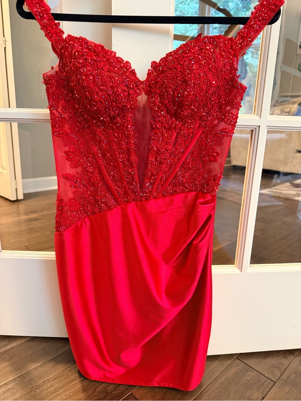 Sherri Hill size 4 Red Beaded Illusion Bodice Mini Dress